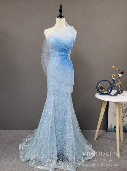 One Shoulder Light Blue Sequin Prom Dress Evening Dresses FD2497 ...