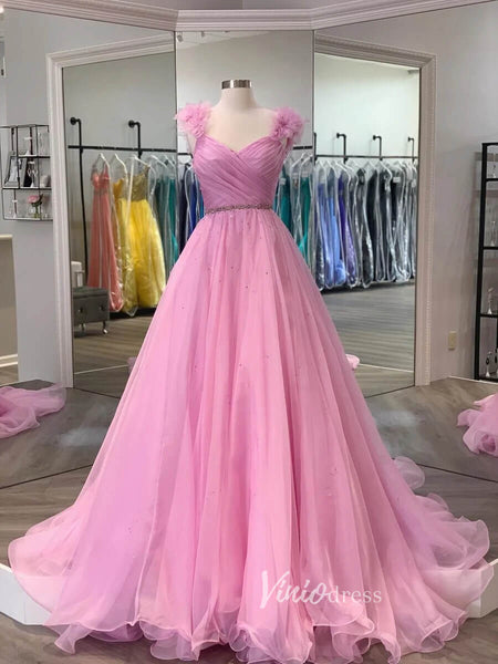 Pink 3D Flower Prom Dresses Pleated A-Line Evening Dress FD3104 ...