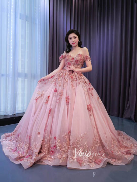 Pink 3D Flower Sweet 15 Dress Off the Shoulder Ball Gown Quince Dress ...