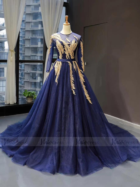 Royal Blue Long Sleeve Prom Dresses Gold Quinceañera Dress FD1382 vini ...