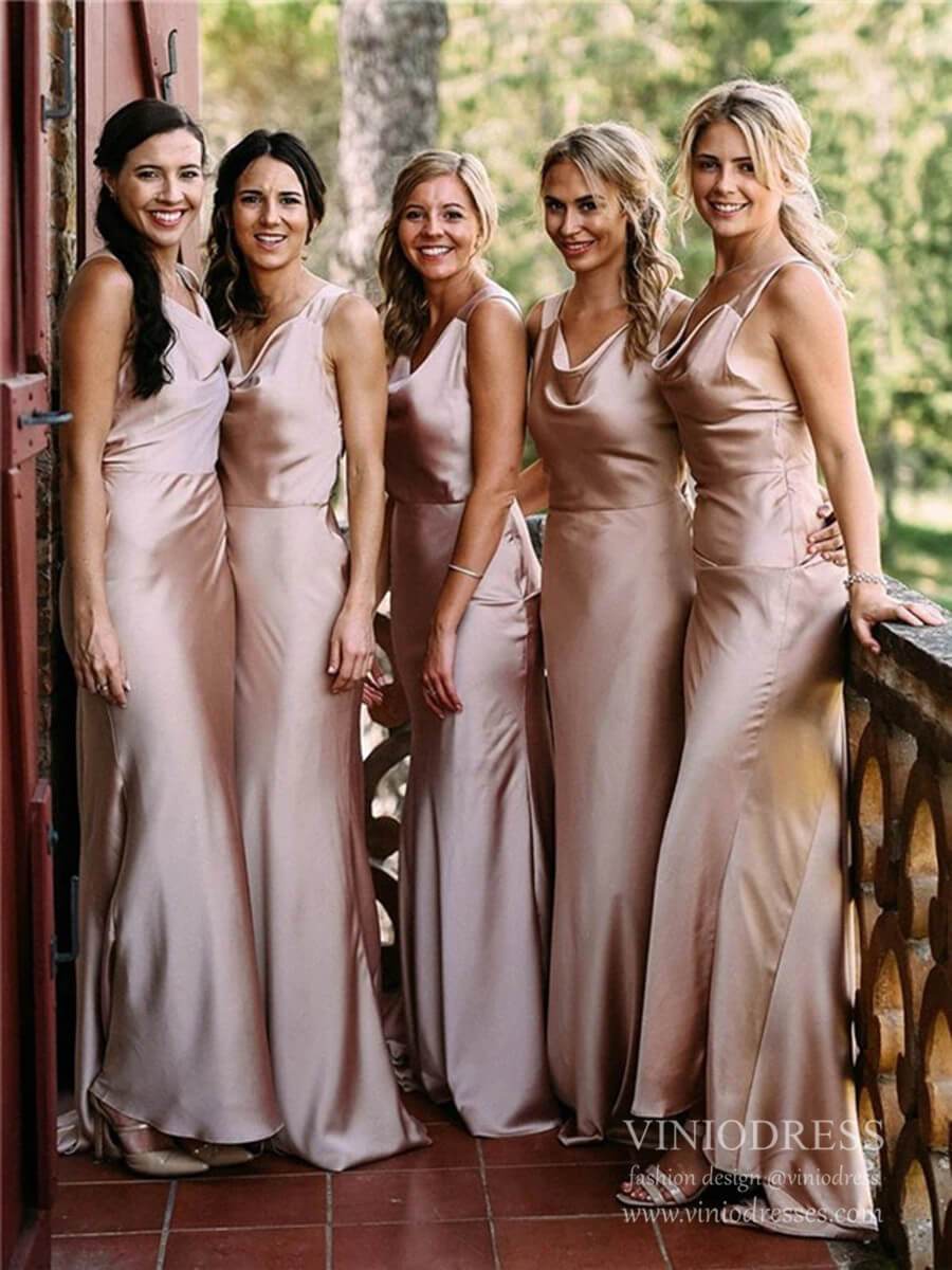 cabina Dinamarca demostración Vestidos de dama de honor de sirena de satén dorado rosa sexy con cuel –  Viniodress
