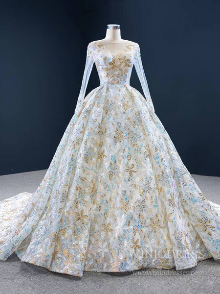 Shiny Floral Wedding Dress with Sleeves 67169 viniodress – Viniodress