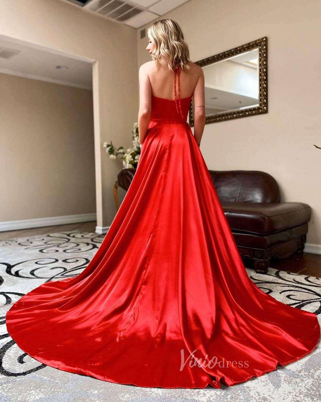 Simple Red Satin Prom Pockets Halter Formal Dress FD1819H –
