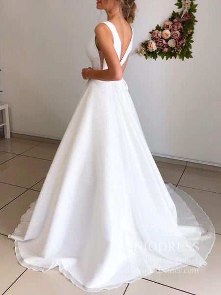 Simple V Neck Sparkly Wedding Dresses Low Back Bridal Dress VW1460 ...