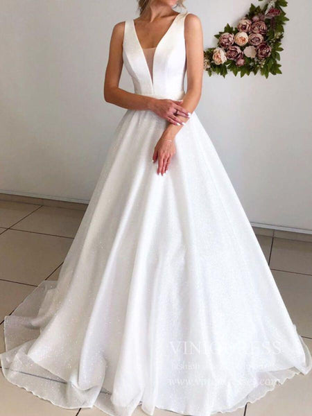 Simple V Neck Sparkly Wedding Dresses Low Back Bridal Dress VW1460 ...