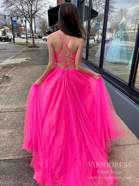 Spaghetti Strap Hot Pink Tulle Prom Dresses with Slit FD2544 – Viniodress