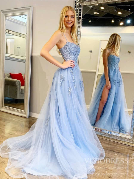 Spaghetti Strap Lace Appliqued Prom Dresses Light Blue Formal Gown FD1 ...