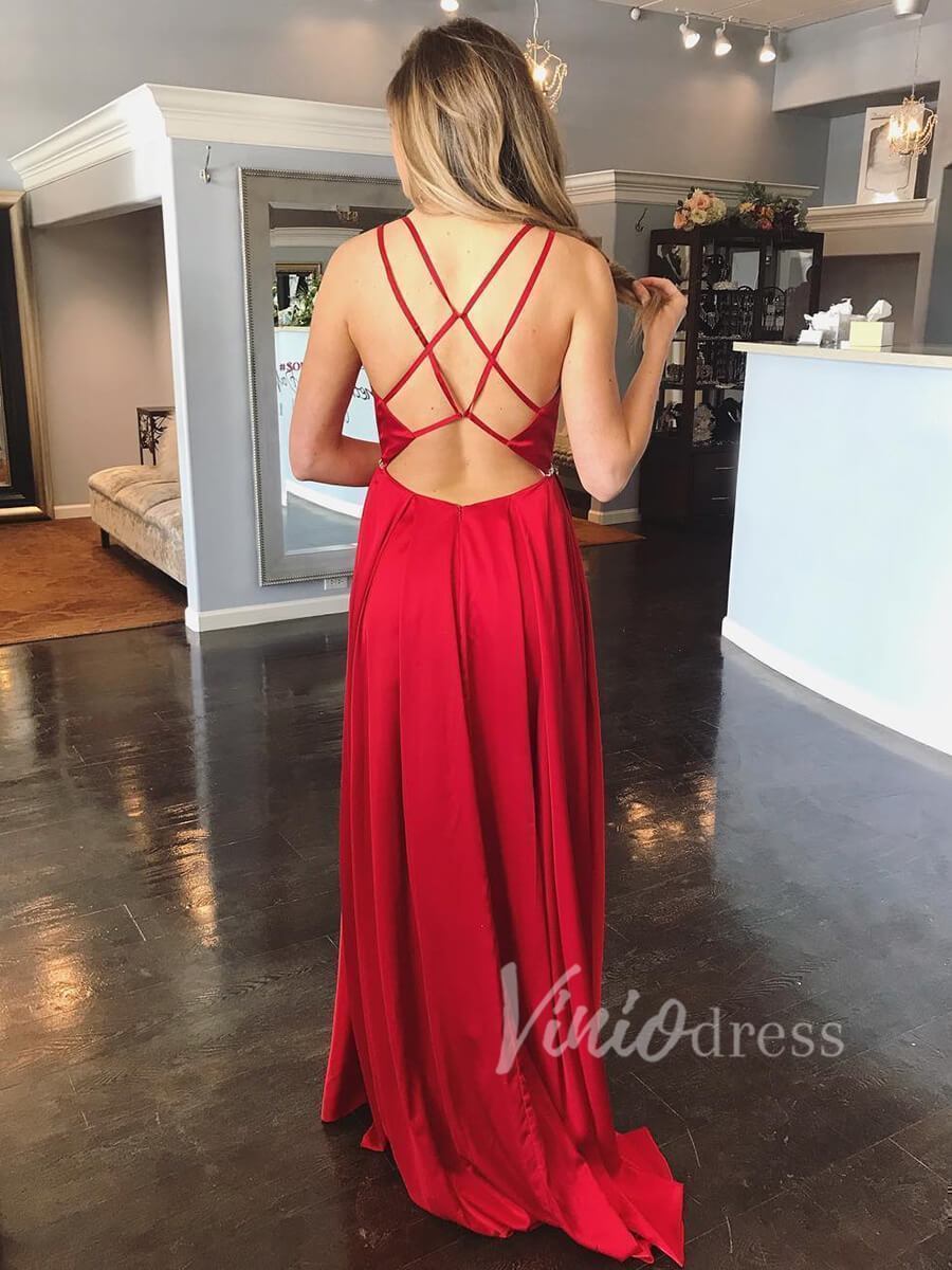 Sexy Wine Red Silk Satin V-Neck Side Slit Long Prom Dress Formal