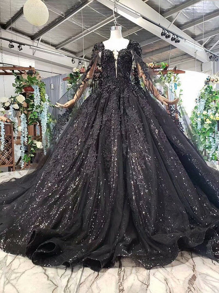 Strapless Black Lace Ball Gown with Long Cape FD1926 viniodress ...