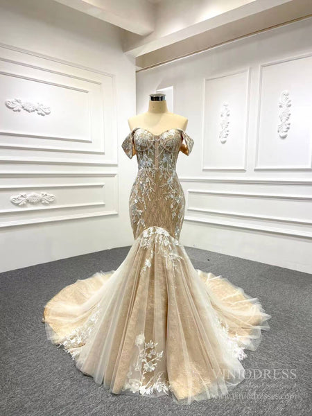 Strapless Champagne Mermaid Wedding Dresses with Long Train VW1004 ...
