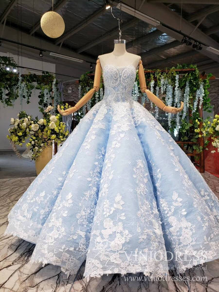 Strapless Light Blue Floral Quinceanera Dresses Beaded Lace Sweet 15 D ...