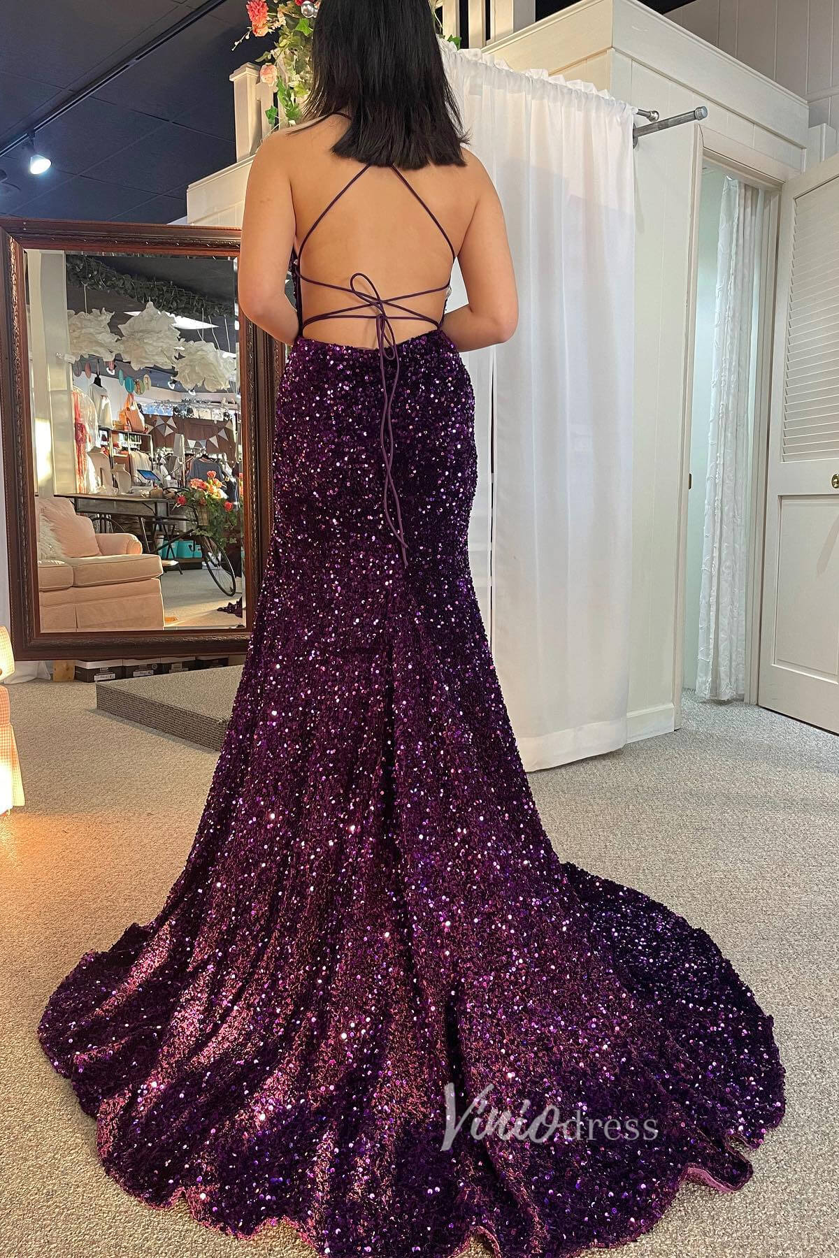 Stunning Purple Mermaid Sequin Prom Dress with Slit and Spaghetti Stra –  Viniodress