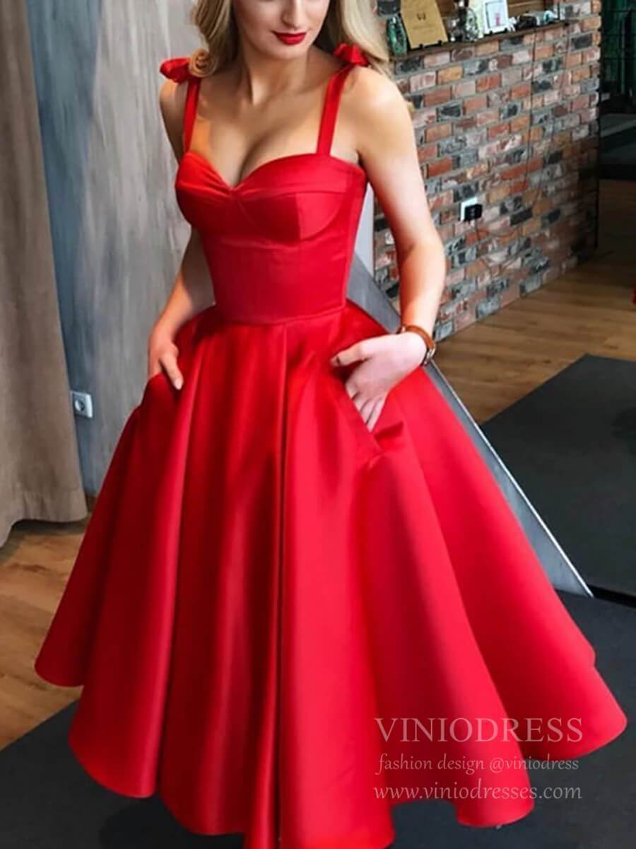 Tea Length Red 60s Party Dresses Simple Prom Dress with Pockets SD1167 –  Viniodress