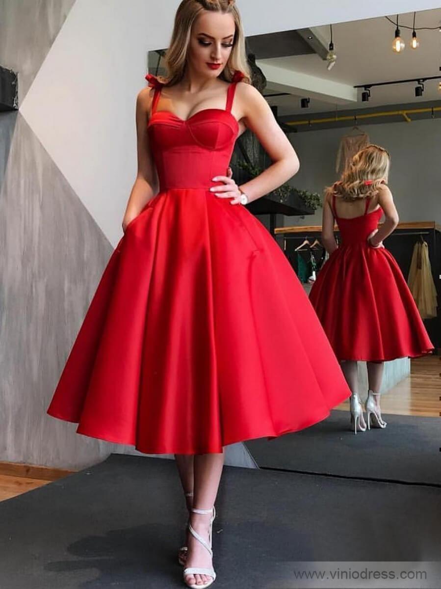 Tea Length Red 60s Party Dresses Simple Prom Dress with Pockets SD1167 –  Viniodress