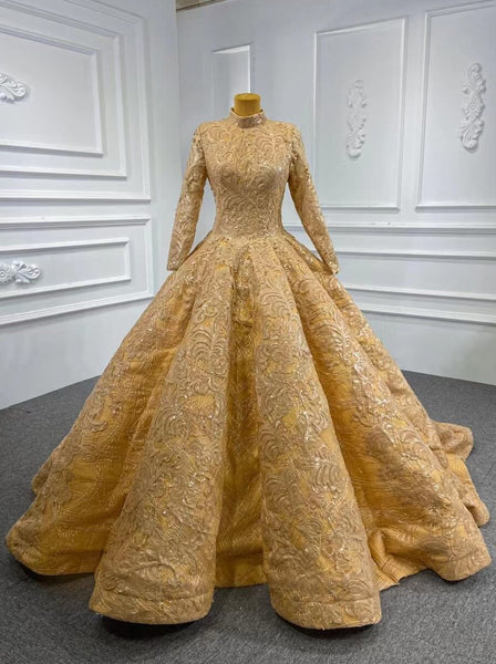 Vintage High Neck Ball Gown Wedding Dress 66686 Long Sleeve – Viniodress
