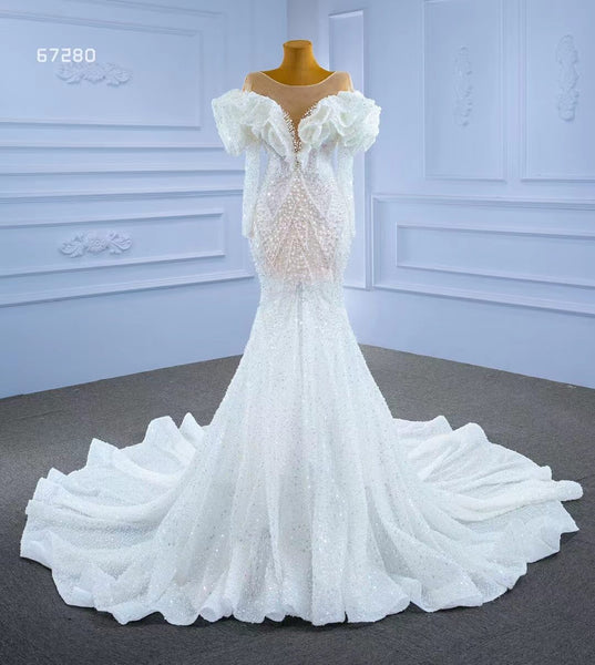 Vintage Mermaid Pearl Wedding Dresses with Sleeves 67280 – Viniodress