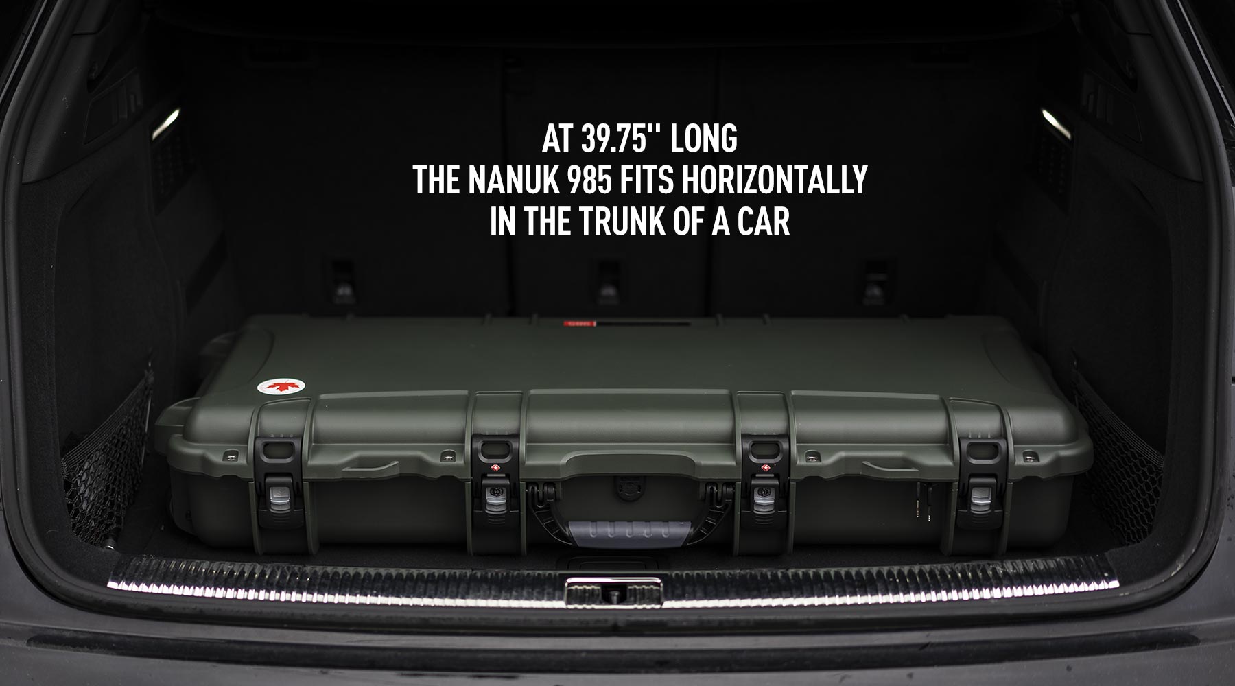 The Nanuk 985 fits in the trunk of a car in horizontal position