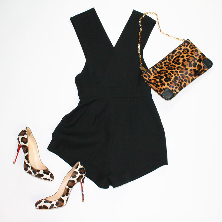 Black Romper and Louboutin leopard Pumps