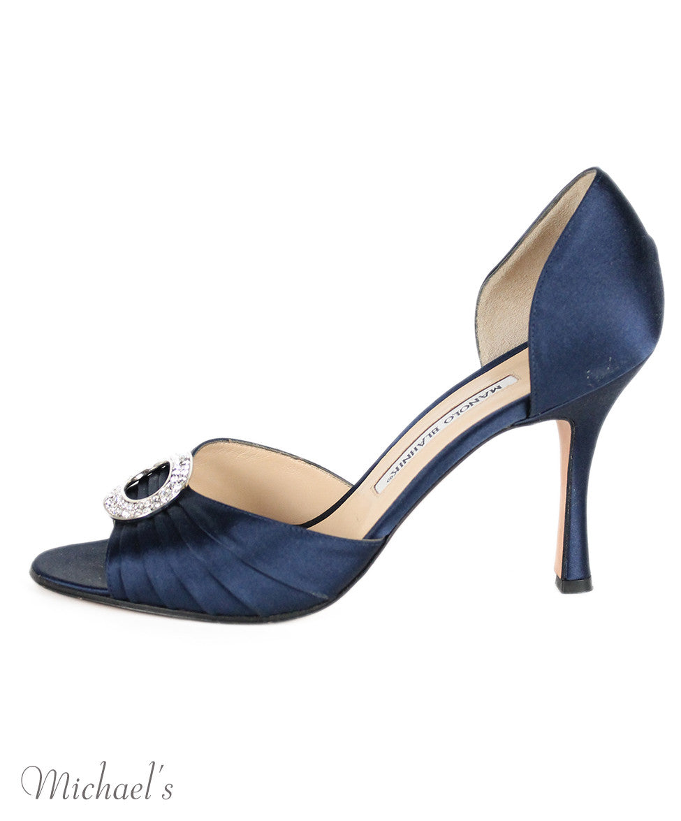Manolo Blahnik Heels US 8 Blue Navy Silk Rhinestone Shoes - Michael's ...