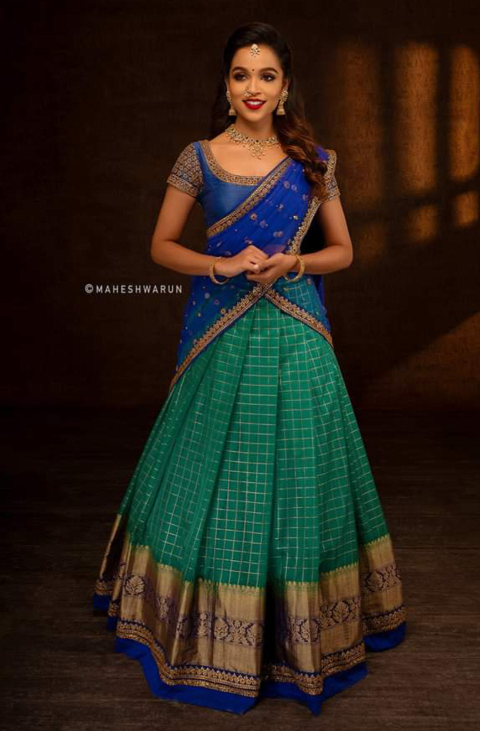 Peacock Green & Blue Traditional Half Saree Set - ANJU SHANKAR LABEL