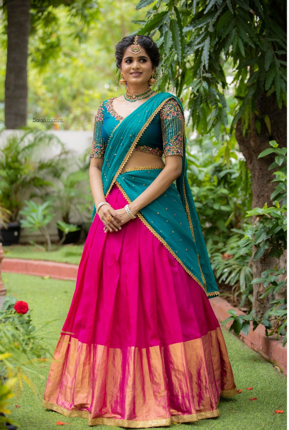 Teal Green & Rani Pink Traditional Half Saree Set - ANJU SHANKAR LABEL