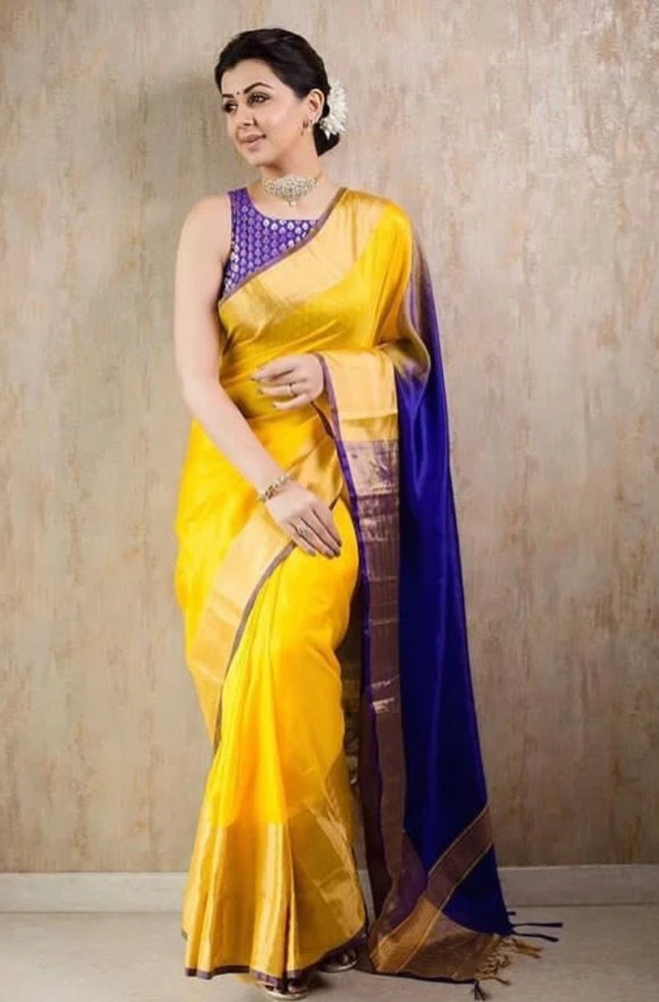 Yellow with Blue soft silk saree - ANJU SHANKAR LABEL