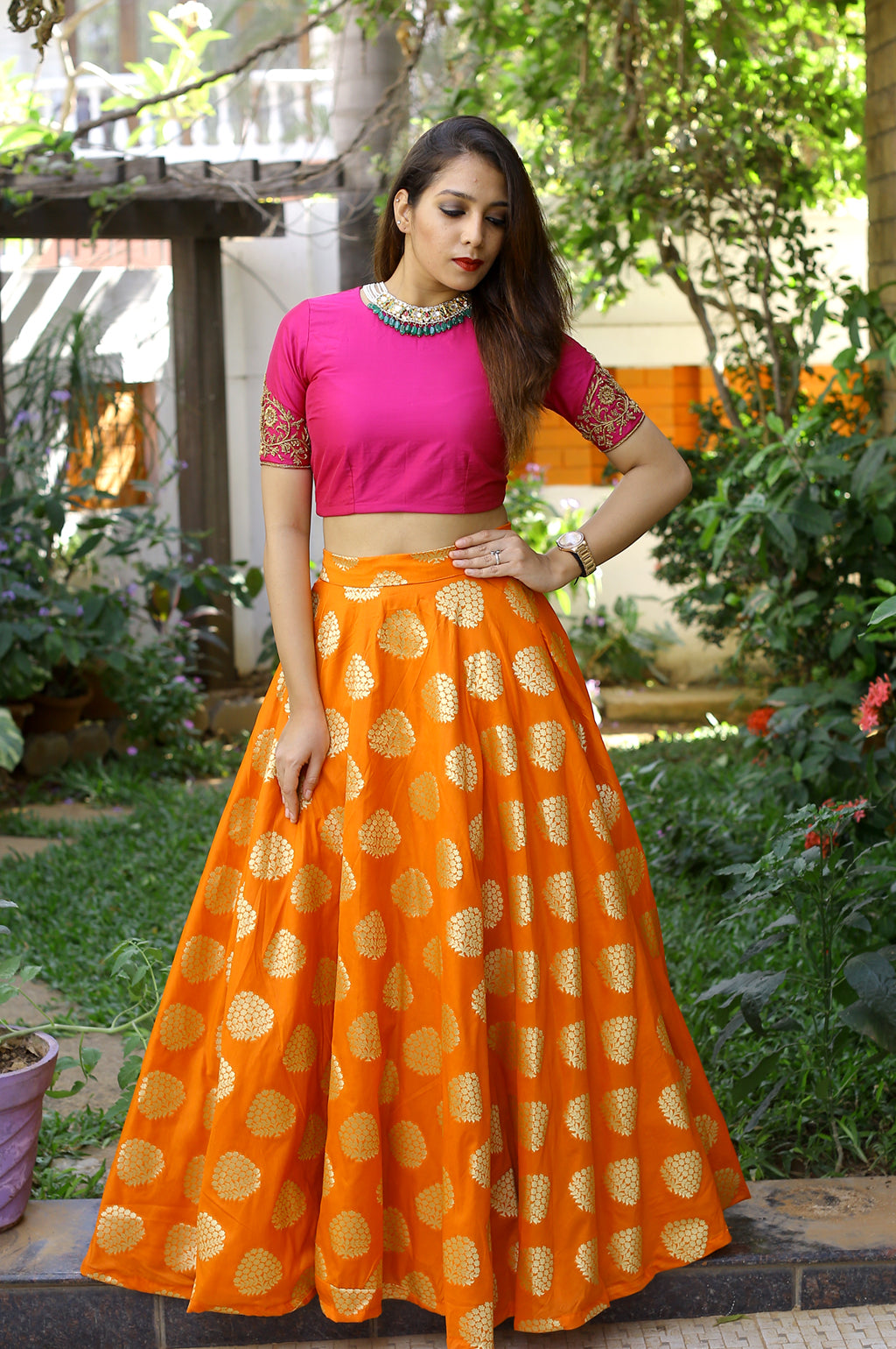 top for orange long skirt