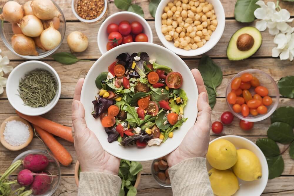 top view plant-based eating ingredients veggies salad