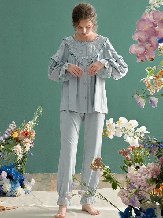 Vintage Cotton Women's Long Sleeve Pajama Set, Victorian Sleepwear Set –  Belleroz