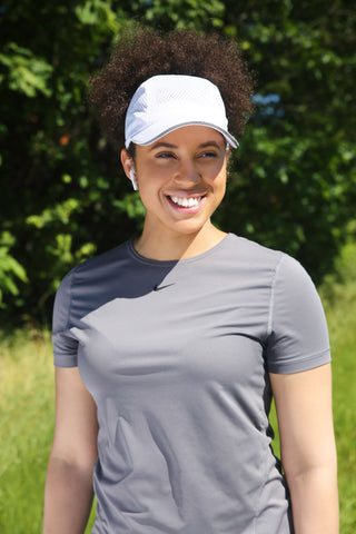 Natural Hair girl in white quick dry backless running hat