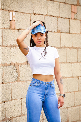 Beautiful mixed woman in denim stone washed satin lined culture cap