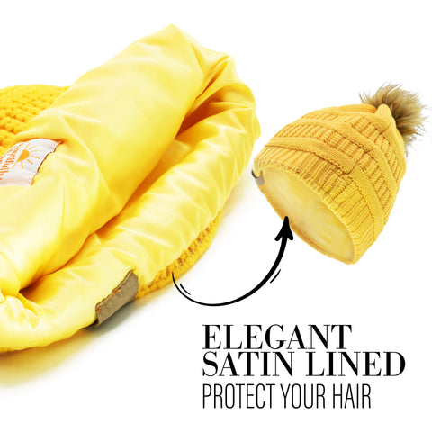 Yellow Satin lined winter hat infographic