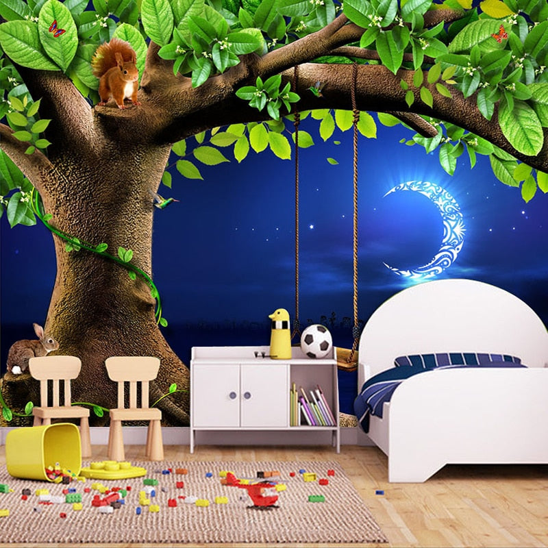 Custom 3d Photo Wallpaper Night Sky Moon Tree Animal Squirrel Rabbit Children Room Bedroom Non Woven Mural Wallpaper Wall Decor