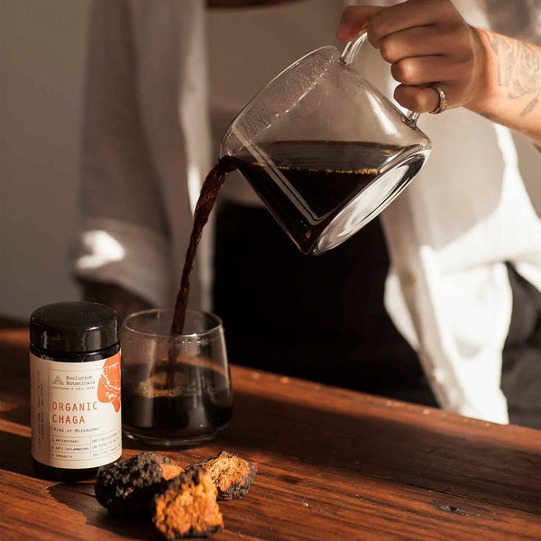 A person pouring a black mushroom liquid into a glass with a jar of Organic Chaga sitting next to it.