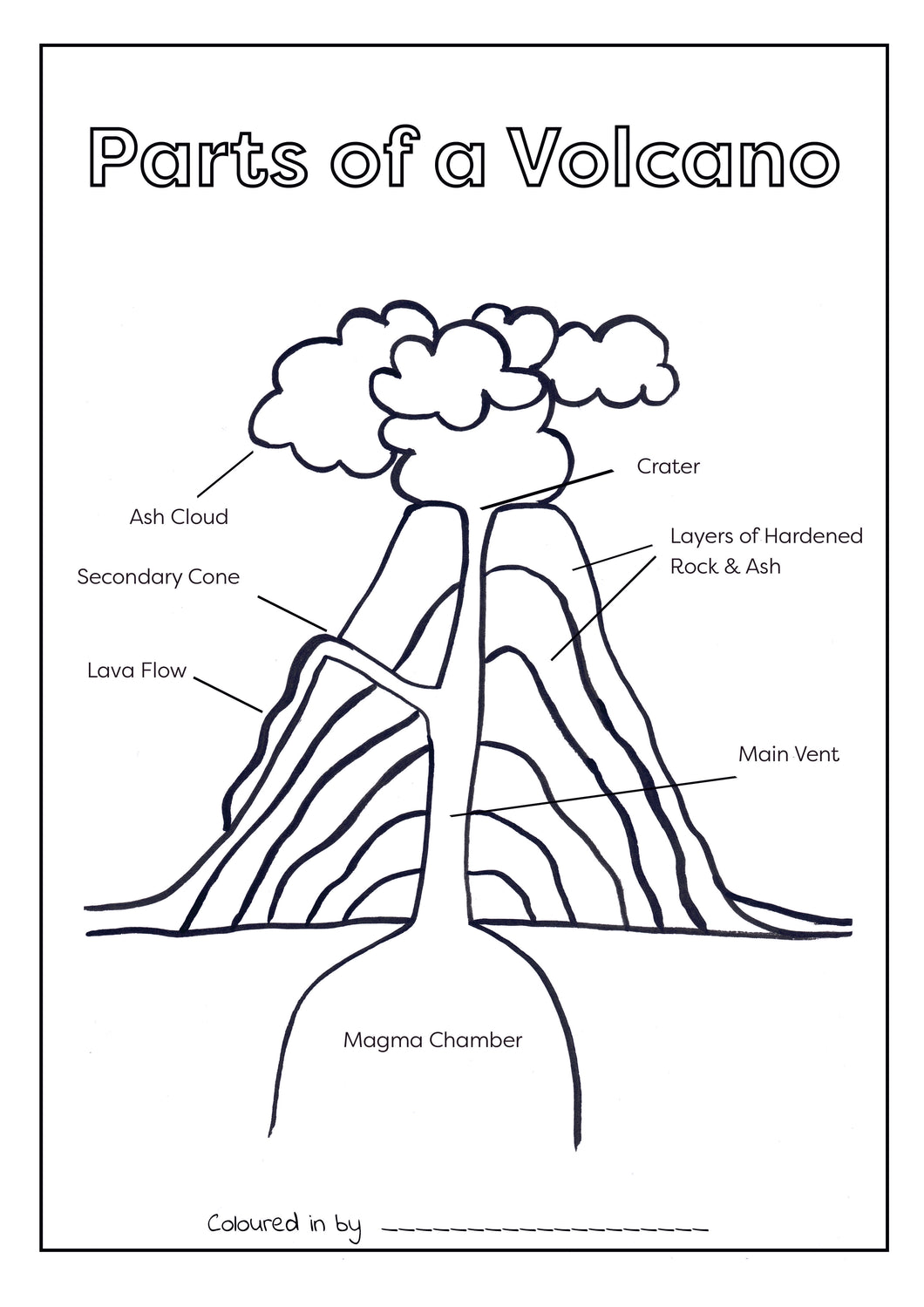 A beautiful coloring printable of a volcano