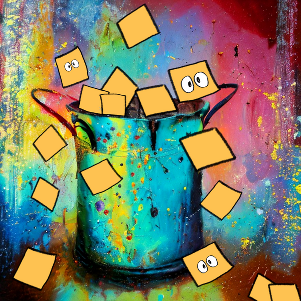 AI-generated oil painting of a weathered steel bucket on a colourful abstract background, with Pip-branded cartoon sticky notes flying out of the bucket 