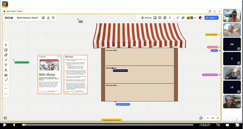 Skills market workshop - an empty market stall, complete with stripy awning, on the Miro board