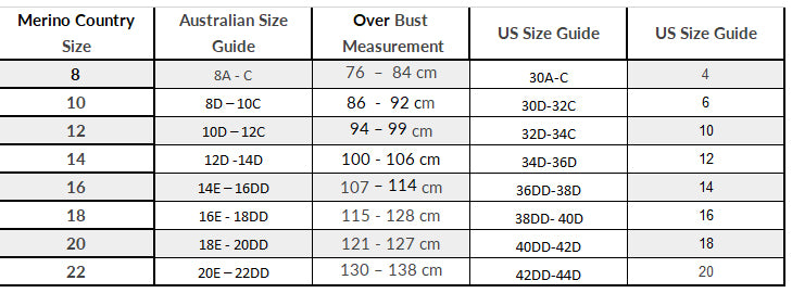 Merino Country Baa Bra Sizing Guide