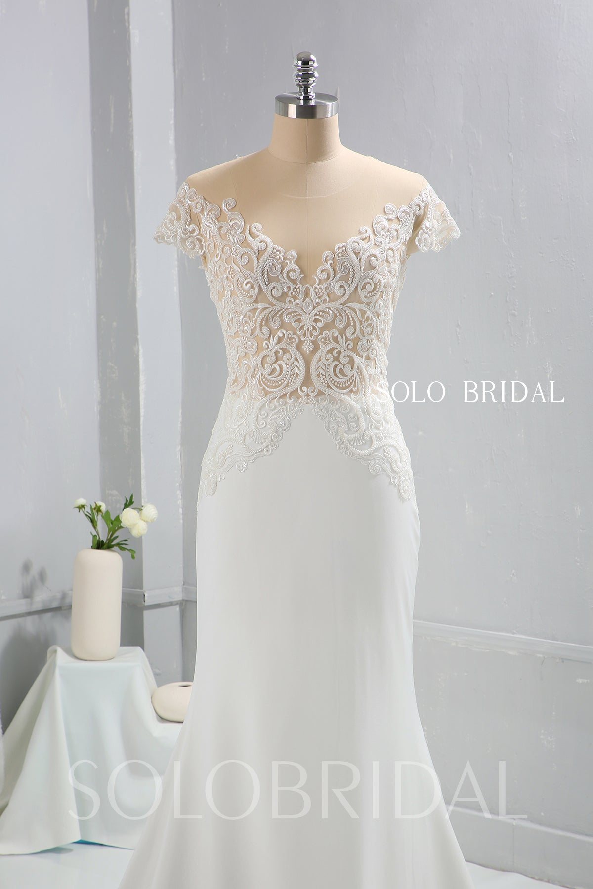 Solobridal Ivory Crepe Fitted Wedding Dress With Fully Beaded Sexy Bodice Solobridal 