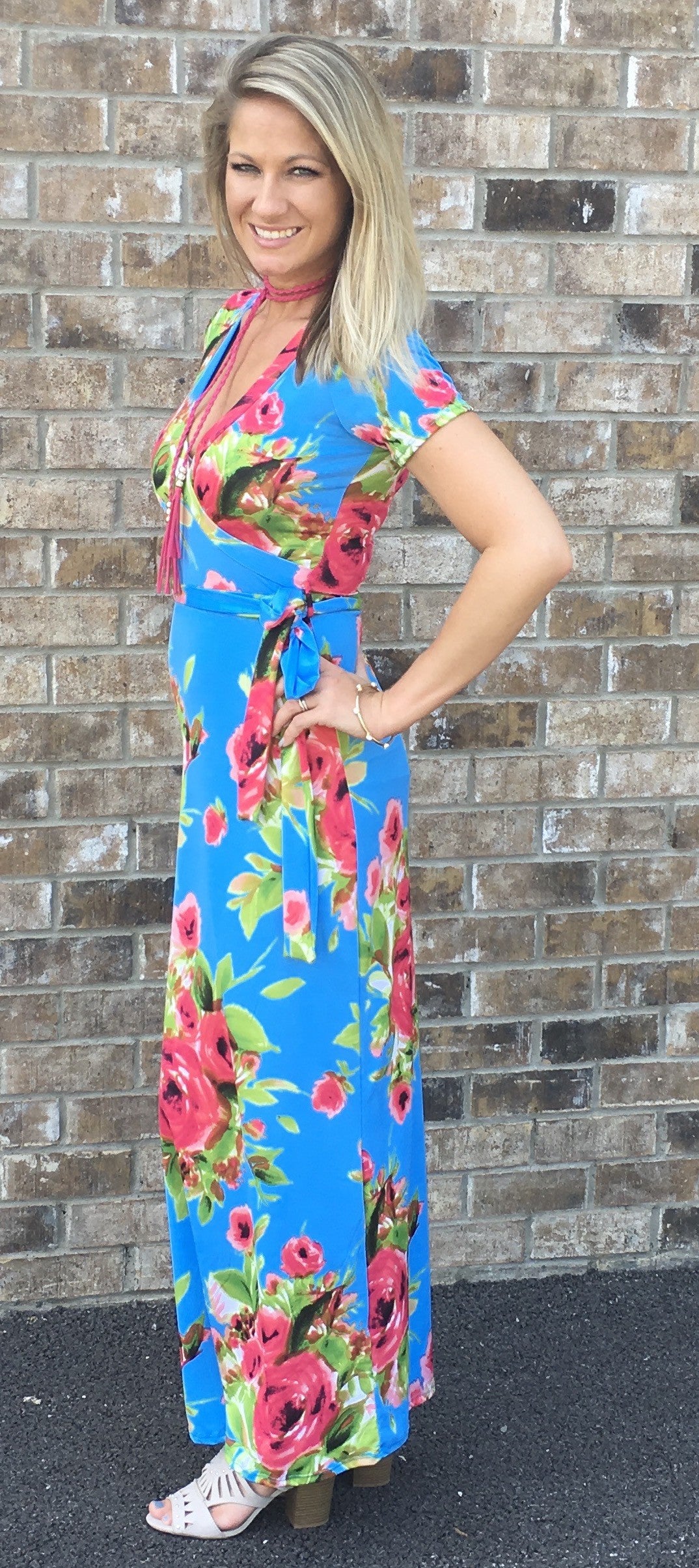 blue dress with red roses