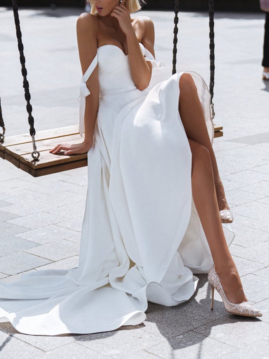 Lace-up Elegant Hanging Shoulder White Long Gown – lsmculture