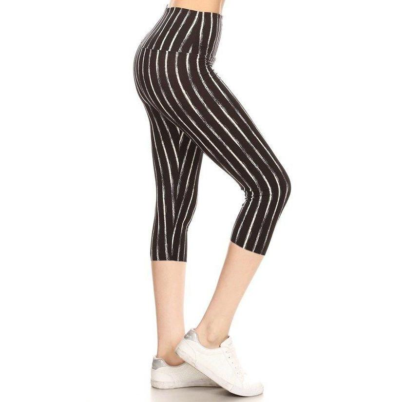 Yoga Style Banded Lined Stripe Printed Knit Capri Legging