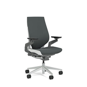 Steelcase Gesture Task Chair: Wrapped Back - Platinum Metallic Frame/Base/Seagull Accent - Adjustable Lumbar Support - Roll Control Hard Floor Casters