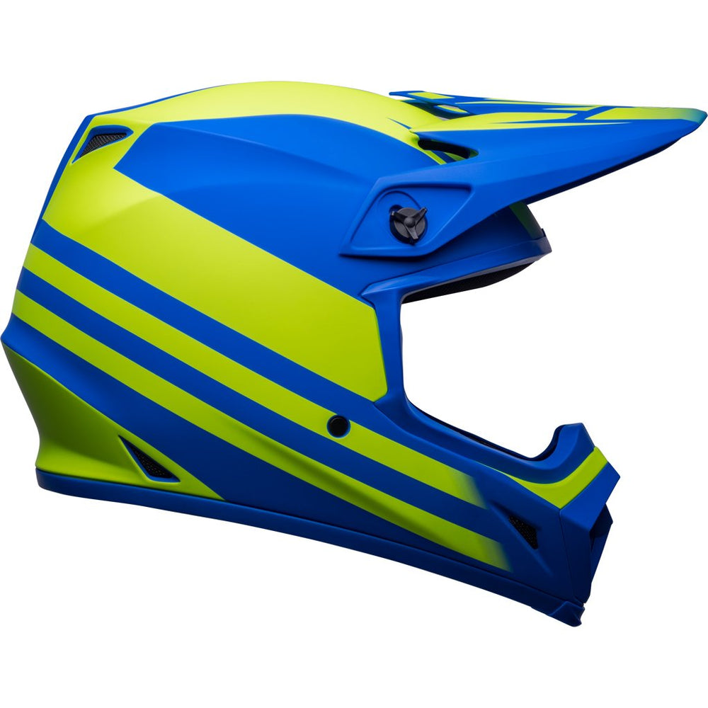 blue and yellow dirt bike helmet