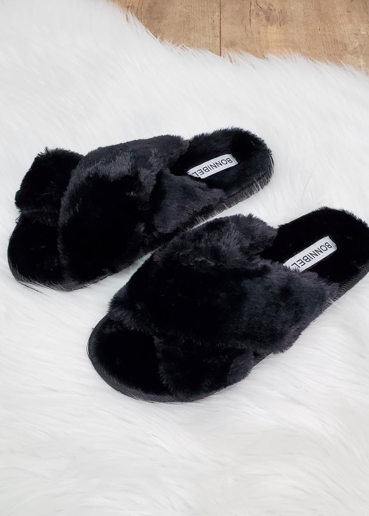 fuzzy criss cross slippers