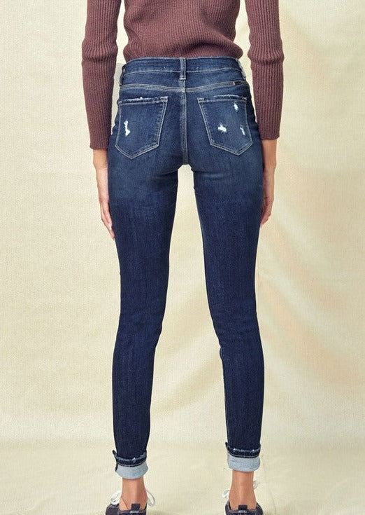 Kan Can High Rise Super Skinny Cuffed Distressed Button Fly Jeans