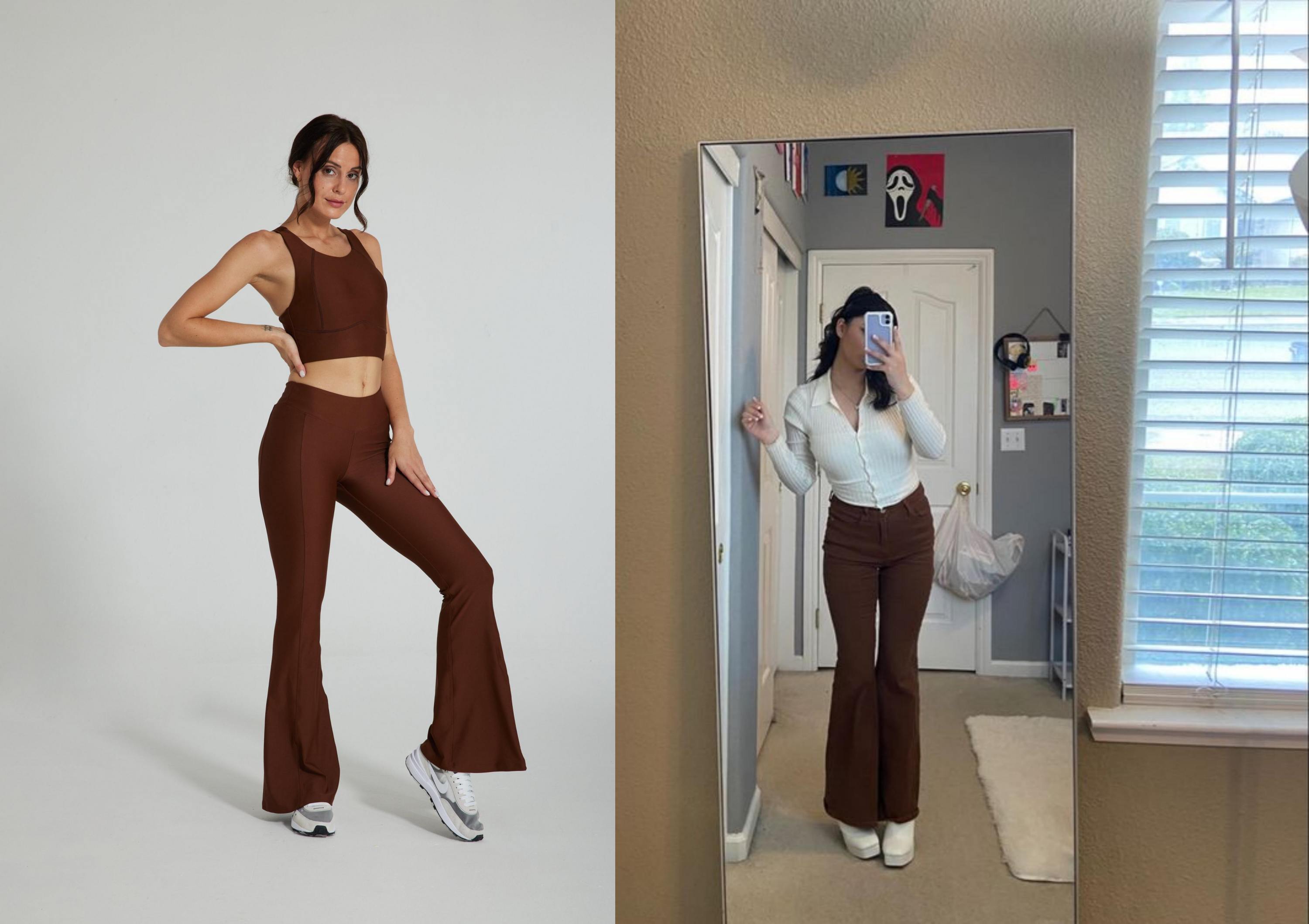brown flare leggings outfit