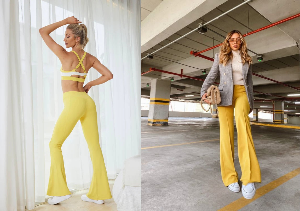 Yellow flare leggings outfits