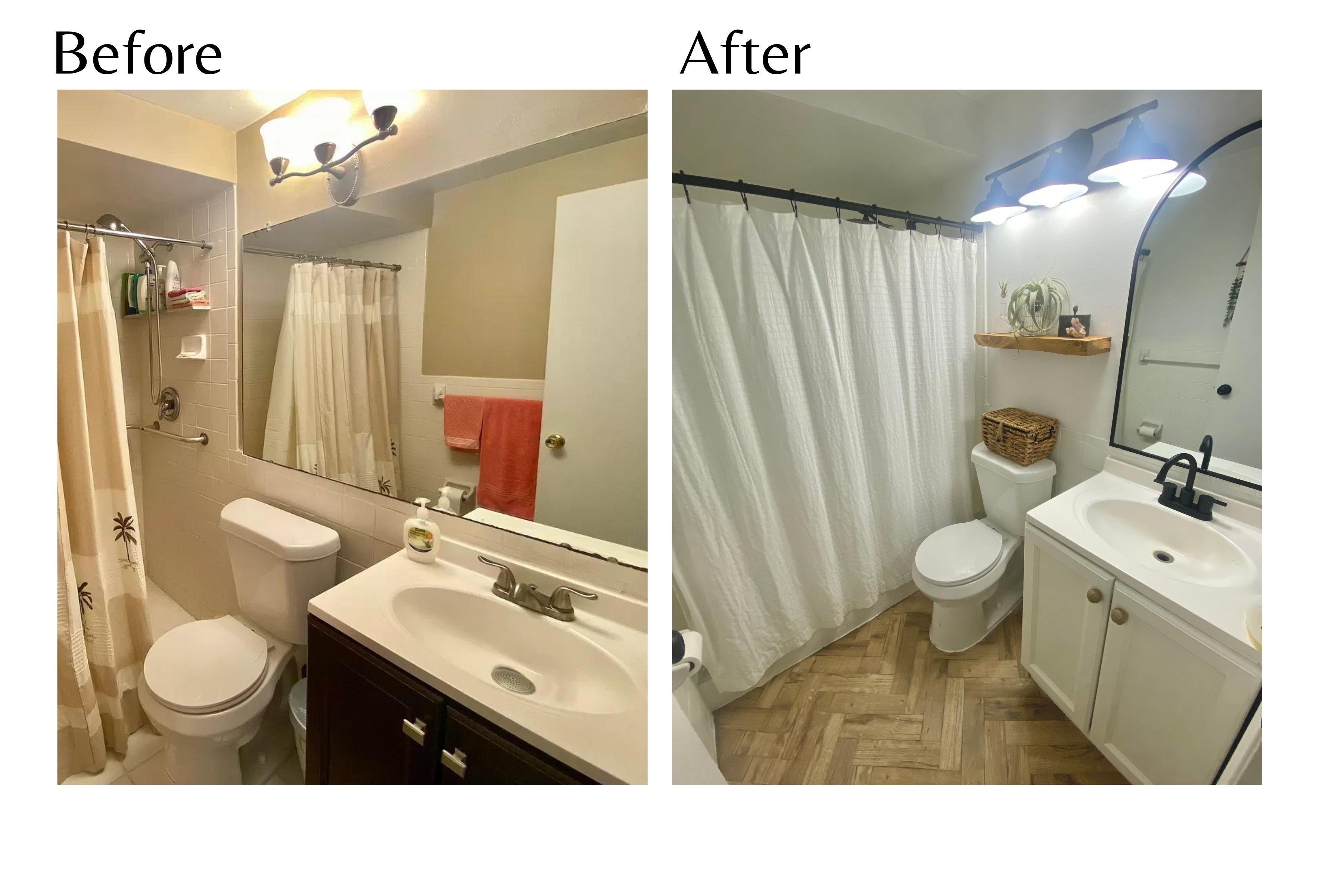 Before and after photos of a bathroom with a dated mirror and the after photo with painted vanity, new mirror and open shelving above toilet