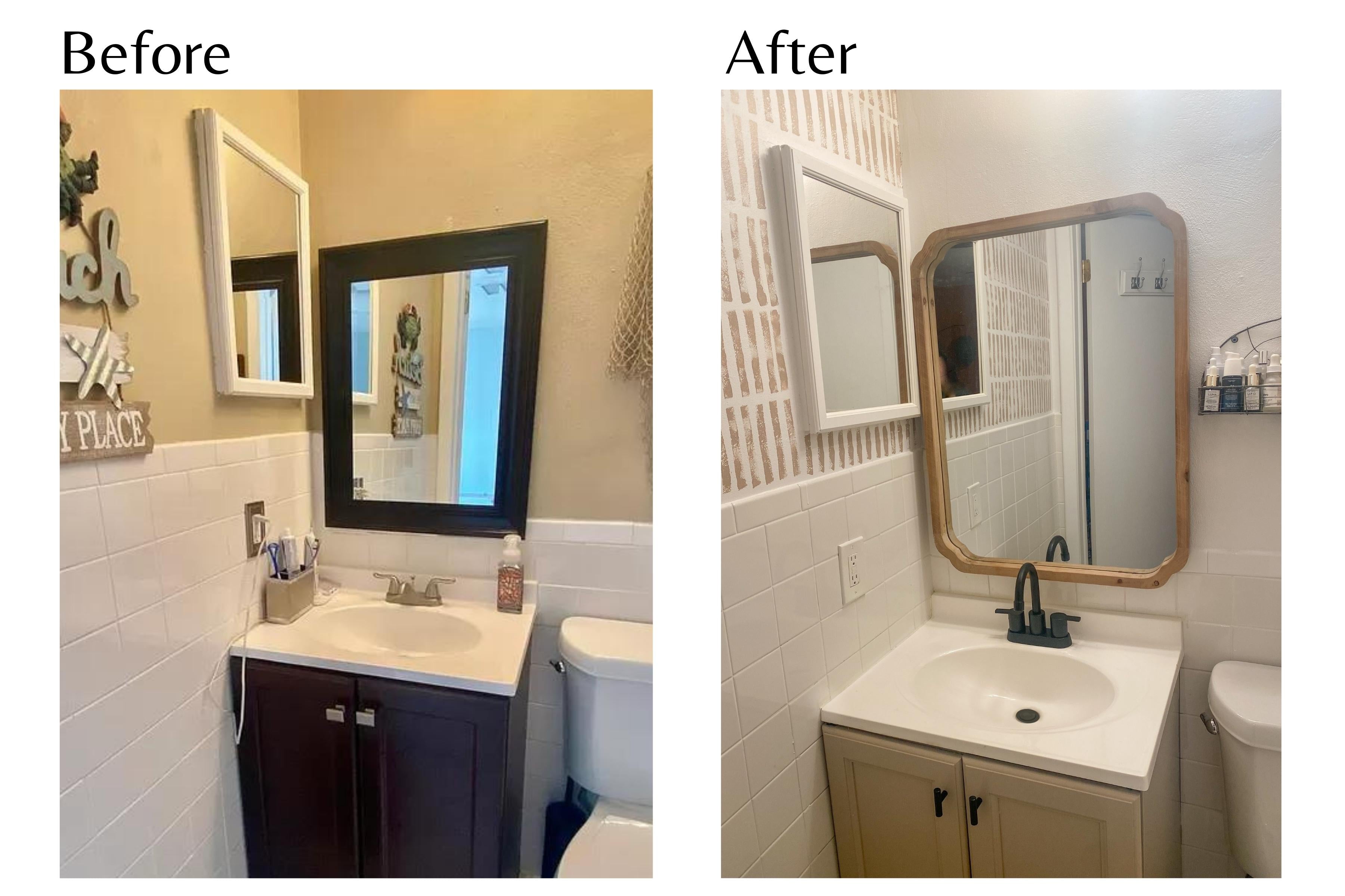 Before and after photo of bathroom after paint, a new mirror and faucet. 